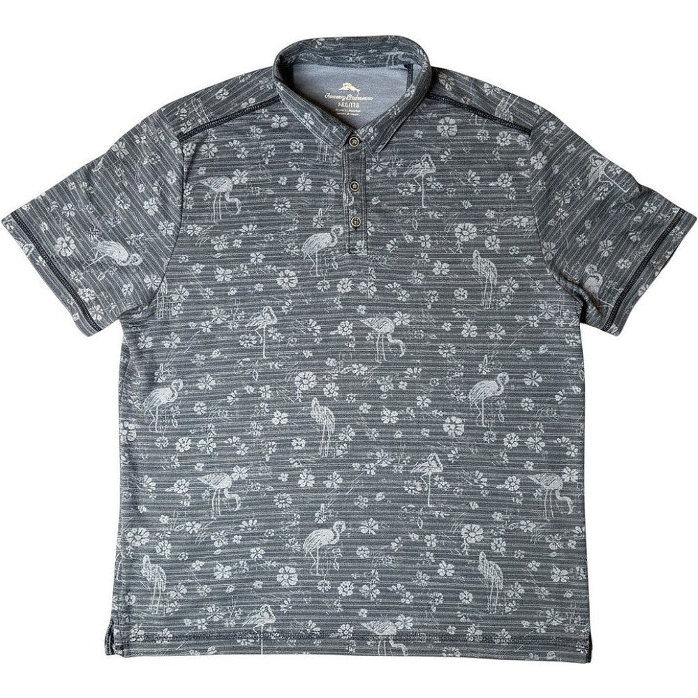 Tommy Bahama Mens XXL Gray Flamingo Floral Tropical Short Sleeve Polo Shirt